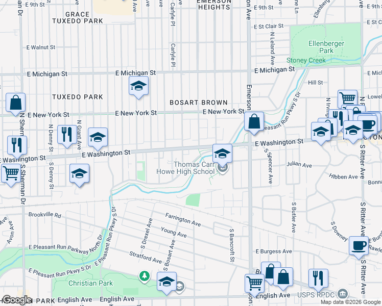map of restaurants, bars, coffee shops, grocery stores, and more near 4815 East Washington Street in Indianapolis