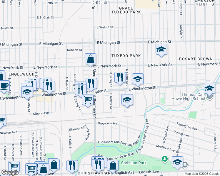 map of restaurants, bars, coffee shops, grocery stores, and more near 3872 East Washington Street in Indianapolis