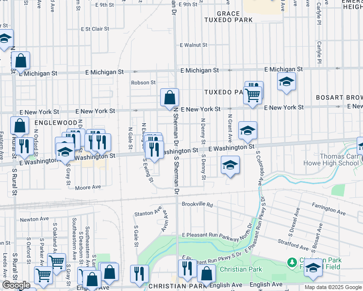 map of restaurants, bars, coffee shops, grocery stores, and more near in Indianapolis