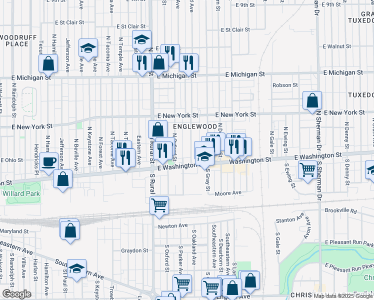 map of restaurants, bars, coffee shops, grocery stores, and more near 32 North Oakland Avenue in Indianapolis