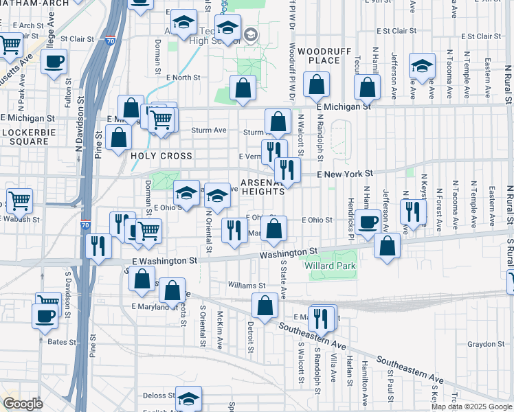 map of restaurants, bars, coffee shops, grocery stores, and more near 215 North Arsenal Avenue in Indianapolis