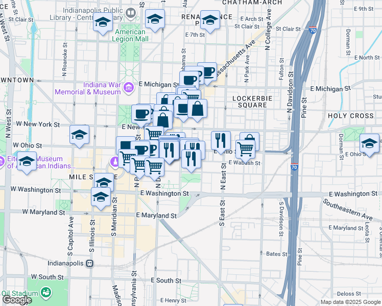 map of restaurants, bars, coffee shops, grocery stores, and more near 355 East Ohio Street in Indianapolis