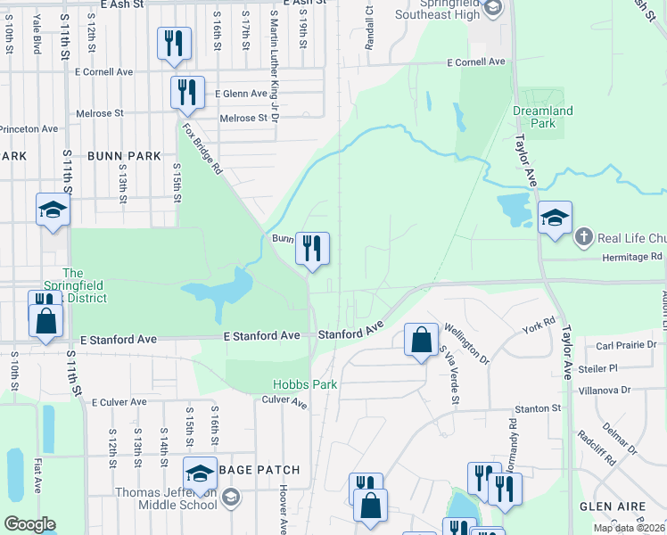 map of restaurants, bars, coffee shops, grocery stores, and more near 22 Fox Court in Springfield