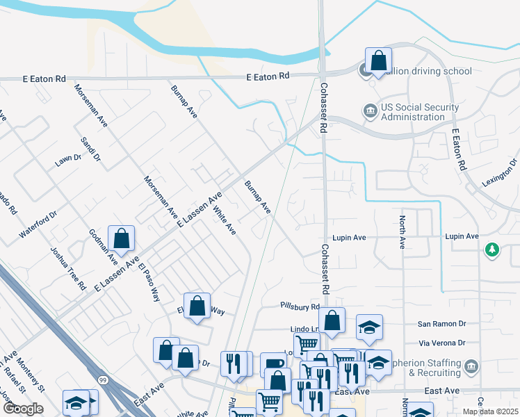 map of restaurants, bars, coffee shops, grocery stores, and more near 17 Jillian Lane in Chico