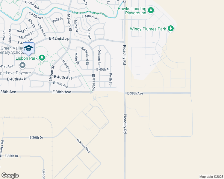 map of restaurants, bars, coffee shops, grocery stores, and more near 21610 East 38th Place in Denver
