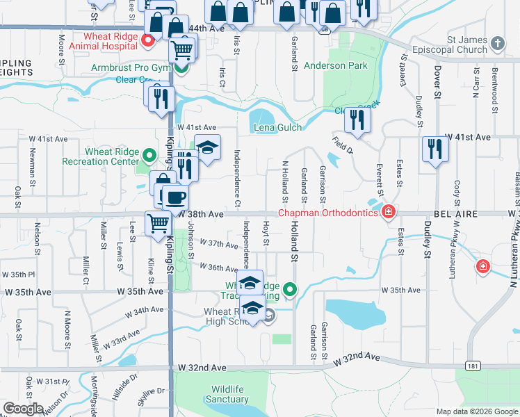 map of restaurants, bars, coffee shops, grocery stores, and more near 3885 Hoyt Street in Wheat Ridge