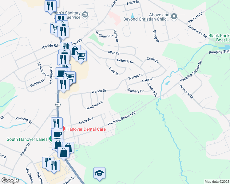 map of restaurants, bars, coffee shops, grocery stores, and more near 1404 Wanda Drive in Hanover
