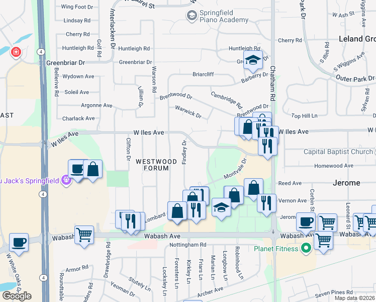 map of restaurants, bars, coffee shops, grocery stores, and more near 2610 Findley Drive in Springfield