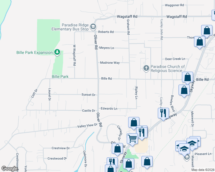 map of restaurants, bars, coffee shops, grocery stores, and more near 680 Bille Road in Paradise