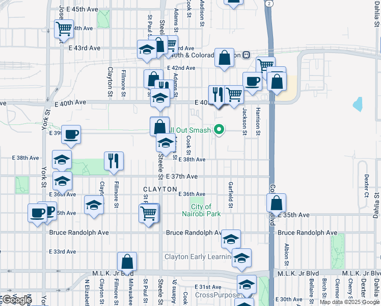 map of restaurants, bars, coffee shops, grocery stores, and more near 3812 Cook Street in Denver