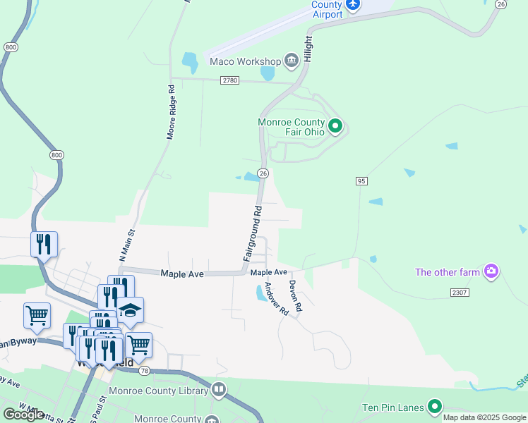 map of restaurants, bars, coffee shops, grocery stores, and more near 321-399 Fairground Road in Woodsfield