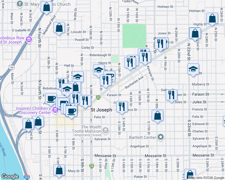 map of restaurants, bars, coffee shops, grocery stores, and more near 415 North 12th Street in Saint Joseph