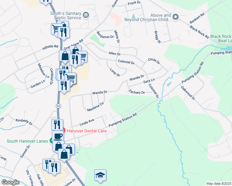 map of restaurants, bars, coffee shops, grocery stores, and more near 1404 Wanda Drive in Hanover