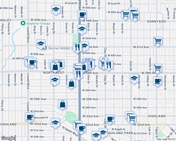 map of restaurants, bars, coffee shops, grocery stores, and more near 2925 West 38th Avenue in Denver