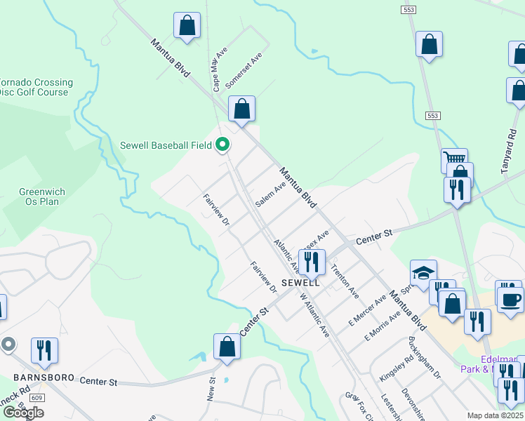 map of restaurants, bars, coffee shops, grocery stores, and more near 710 East Atlantic Avenue in Mantua Township