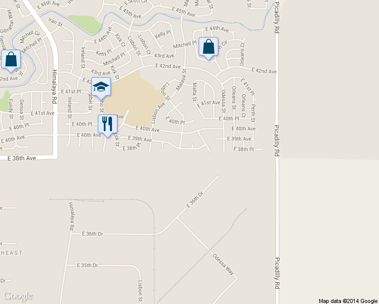 map of restaurants, bars, coffee shops, grocery stores, and more near 21036 East 39th Avenue in Denver
