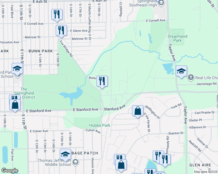 map of restaurants, bars, coffee shops, grocery stores, and more near 22 Fox Court in Springfield