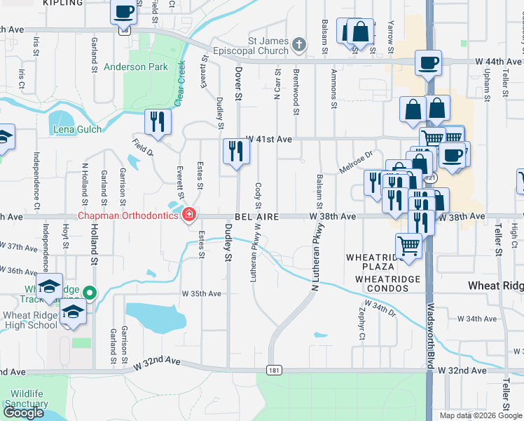 map of restaurants, bars, coffee shops, grocery stores, and more near in Wheat Ridge