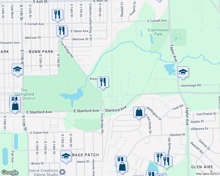 map of restaurants, bars, coffee shops, grocery stores, and more near 22 Fox Court in Springfield