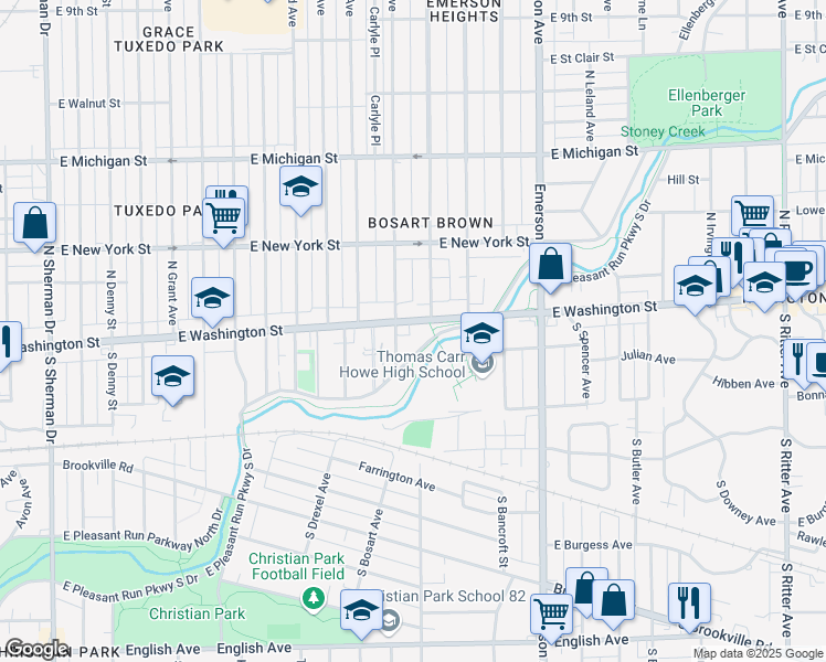 map of restaurants, bars, coffee shops, grocery stores, and more near 4815 East Washington Street in Indianapolis