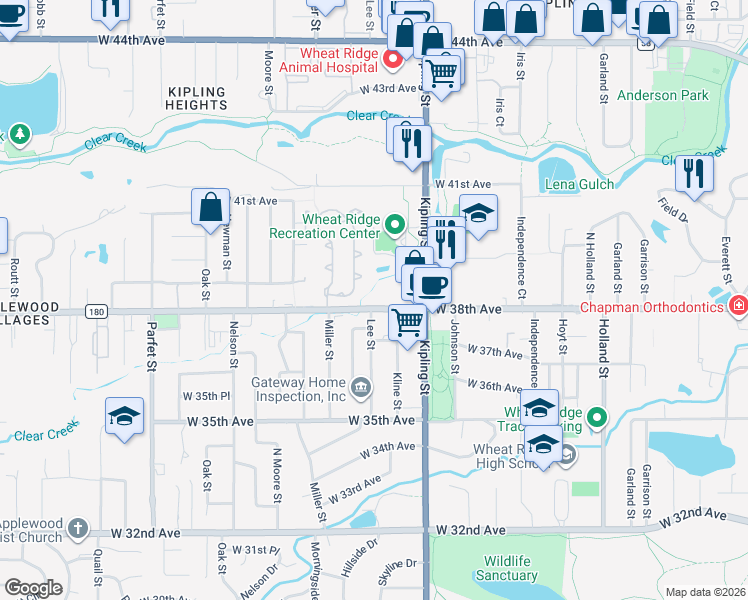 map of restaurants, bars, coffee shops, grocery stores, and more near 10241 West 38th Avenue in Wheat Ridge