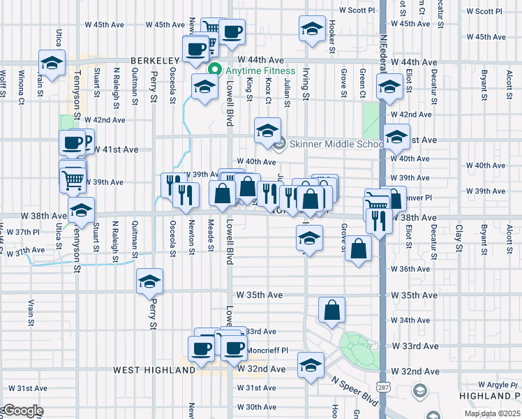 map of restaurants, bars, coffee shops, grocery stores, and more near 3455 West 38th Avenue in Denver