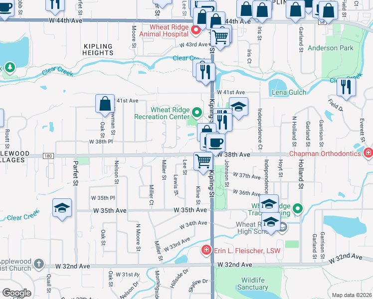 map of restaurants, bars, coffee shops, grocery stores, and more near 10241 West 38th Avenue in Wheat Ridge