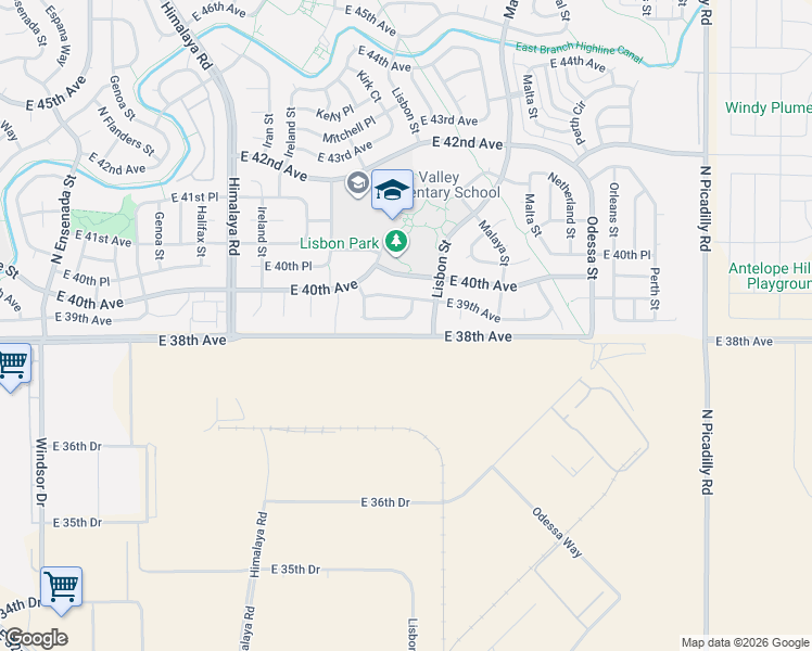 map of restaurants, bars, coffee shops, grocery stores, and more near 20768 East 38th Place in Denver