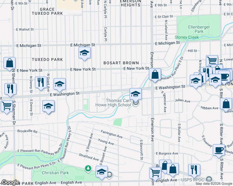 map of restaurants, bars, coffee shops, grocery stores, and more near 4815 East Washington Street in Indianapolis