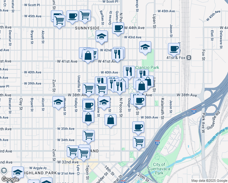 map of restaurants, bars, coffee shops, grocery stores, and more near in Denver
