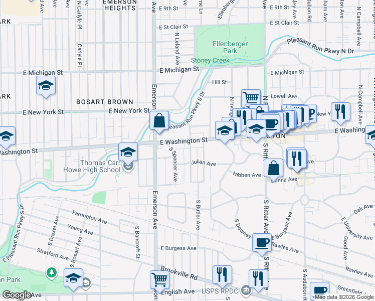 map of restaurants, bars, coffee shops, grocery stores, and more near 22 South Butler Avenue in Indianapolis