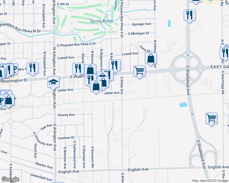 map of restaurants, bars, coffee shops, grocery stores, and more near 6504 Julian Avenue in Indianapolis