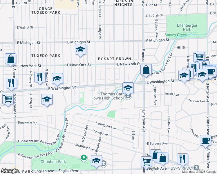 map of restaurants, bars, coffee shops, grocery stores, and more near 4801 East Washington Street in Indianapolis