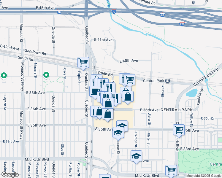 map of restaurants, bars, coffee shops, grocery stores, and more near 3890 Quebec Street in Denver