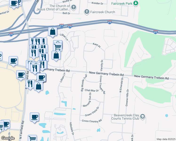 map of restaurants, bars, coffee shops, grocery stores, and more near 2758 Big Woods Trail in Beavercreek