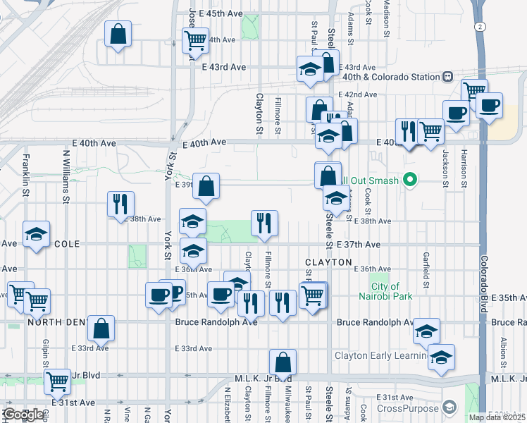 map of restaurants, bars, coffee shops, grocery stores, and more near 3827 Steele Street in Denver