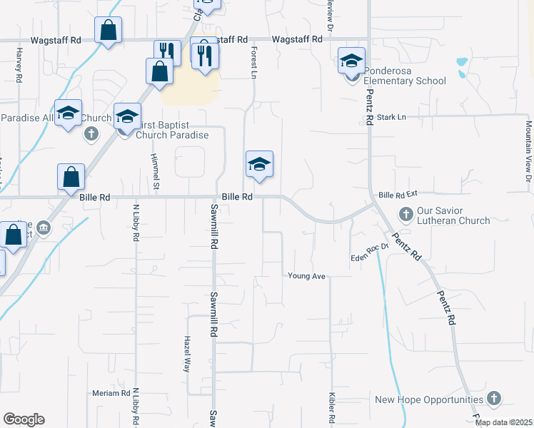 map of restaurants, bars, coffee shops, grocery stores, and more near 6108 Vista Knolls Drive in Paradise