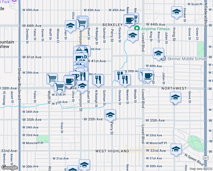 map of restaurants, bars, coffee shops, grocery stores, and more near 3800 Quitman Street in Denver