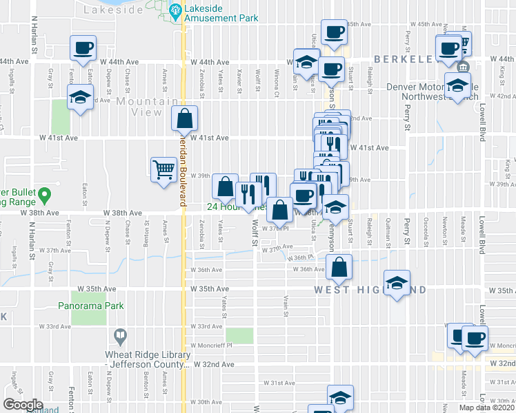 map of restaurants, bars, coffee shops, grocery stores, and more near 3817 Wolff St in Denver