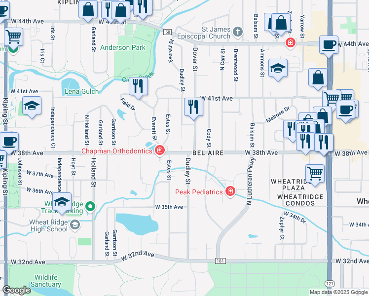 map of restaurants, bars, coffee shops, grocery stores, and more near 8701 West 38th Avenue in Wheat Ridge