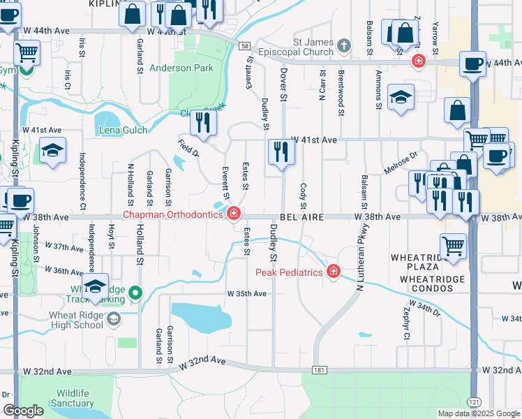 map of restaurants, bars, coffee shops, grocery stores, and more near 8701 West 38th Avenue in Wheat Ridge