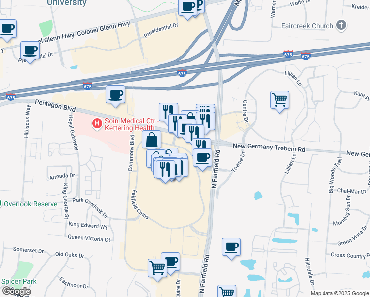 map of restaurants, bars, coffee shops, grocery stores, and more near 2755 Fairfield Commons Boulevard in Dayton