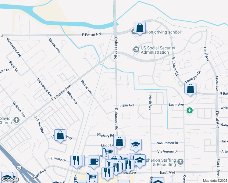 map of restaurants, bars, coffee shops, grocery stores, and more near 2981 Cohasset Road in Chico