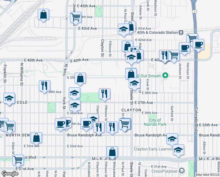 map of restaurants, bars, coffee shops, grocery stores, and more near 3827 Steele Street in Denver