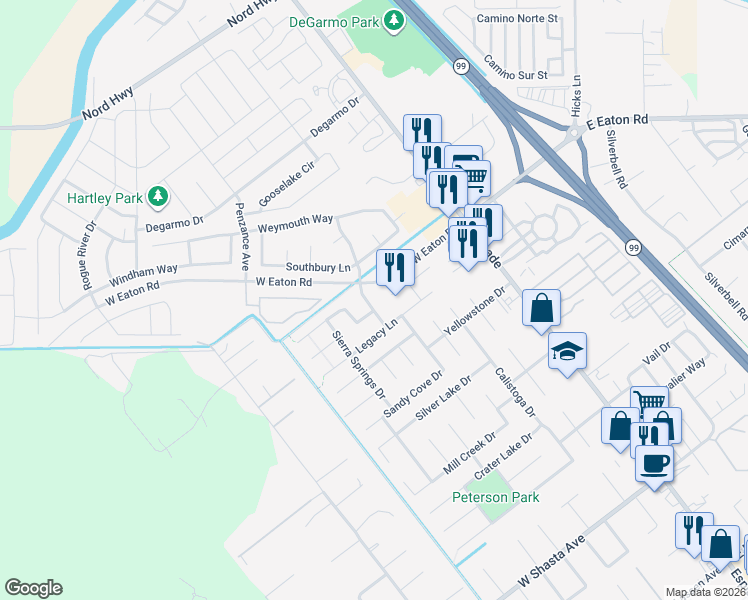 map of restaurants, bars, coffee shops, grocery stores, and more near 3332 Eaton Village Drive in Chico