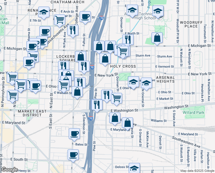 map of restaurants, bars, coffee shops, grocery stores, and more near 1020 East Ohio Street in Indianapolis