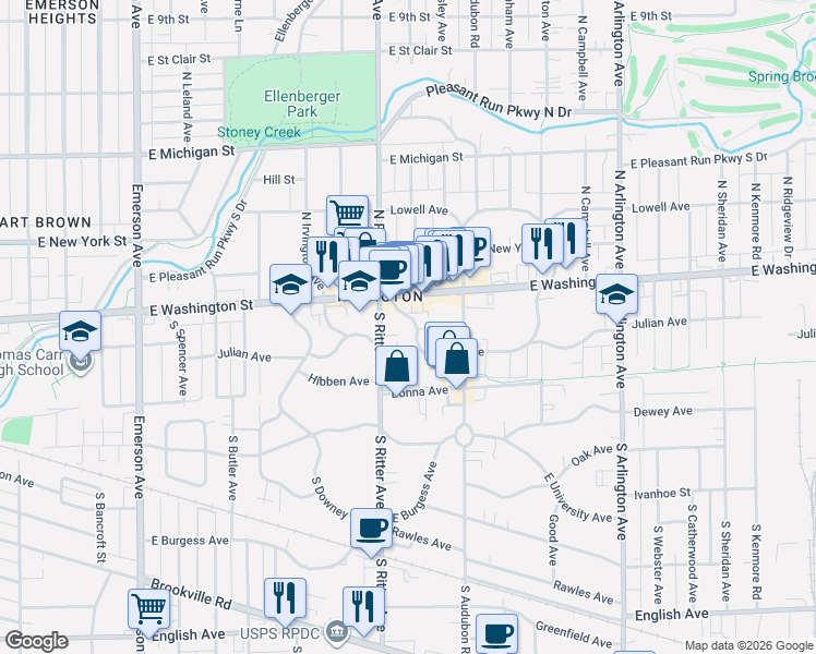 map of restaurants, bars, coffee shops, grocery stores, and more near 43 South Ritter Avenue in Indianapolis