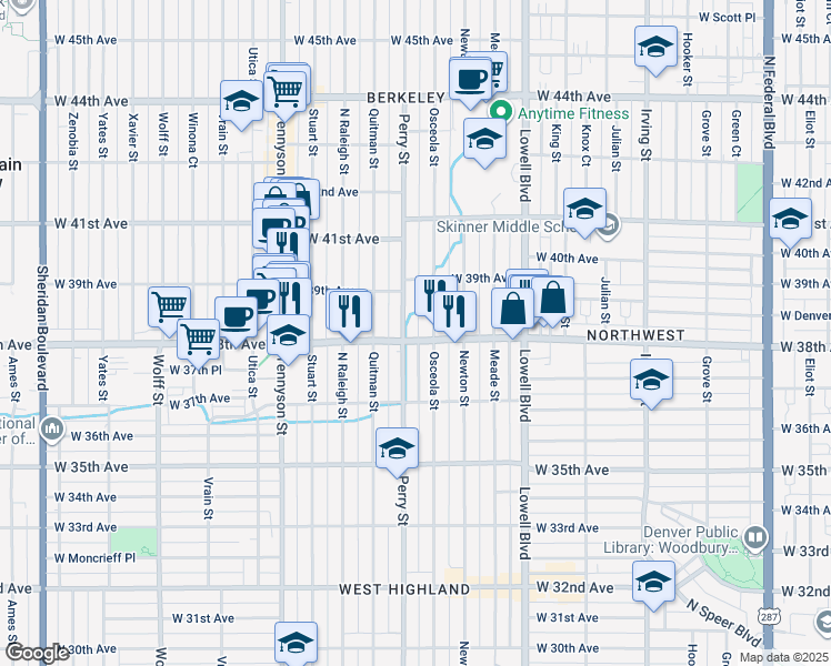 map of restaurants, bars, coffee shops, grocery stores, and more near 3923 West 38th Avenue in Denver