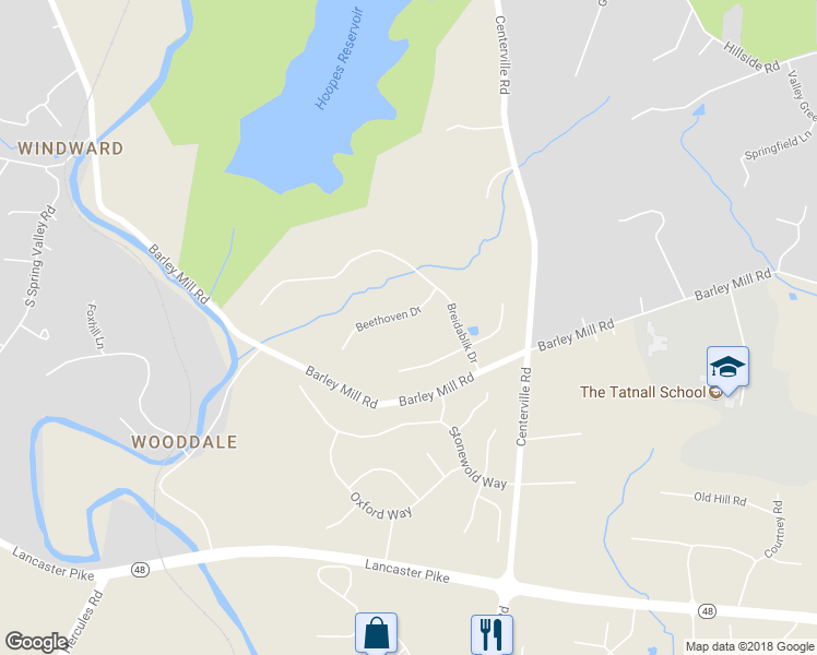 map of restaurants, bars, coffee shops, grocery stores, and more near 18 Beethoven Drive in Wilmington