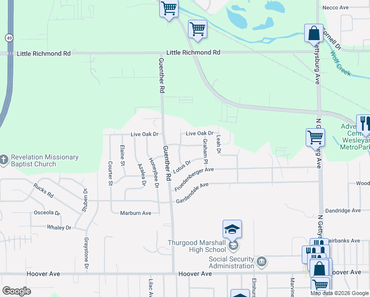 map of restaurants, bars, coffee shops, grocery stores, and more near 4630 Guadalupe Avenue in Dayton